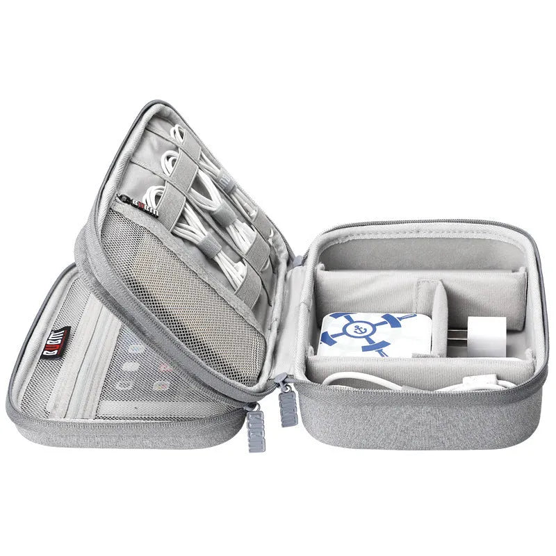 Black EVA digital storage bag for headphones and small electronics with organised compartments