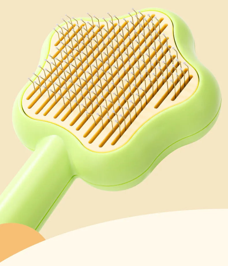 Self-cleaning cat comb with stainless steel needles, green colour, 20cm long pet grooming tool