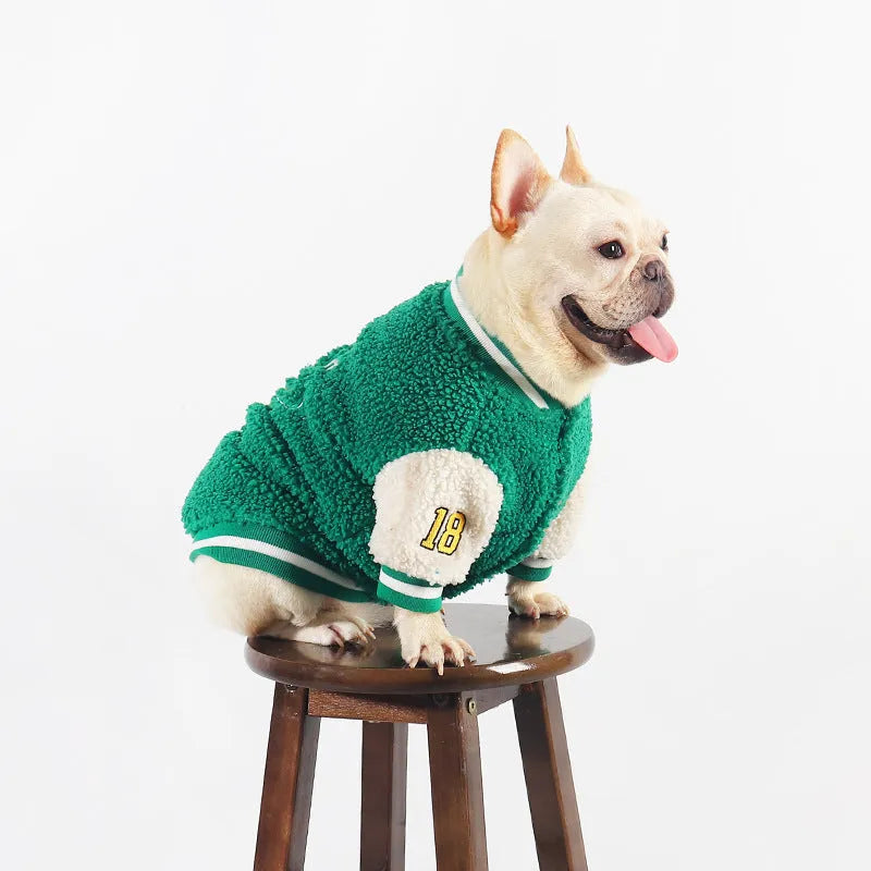 Green fleece-lined dog winter coat shown on a mannequin, sizes L XL XXL 3XL 4XL.