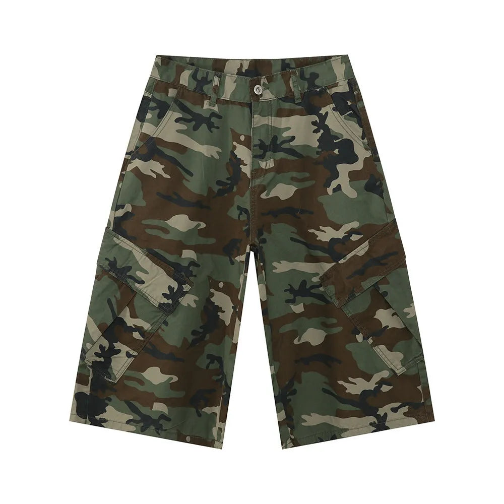Men's camouflage wide-leg cotton jeans with cropped length and side pockets