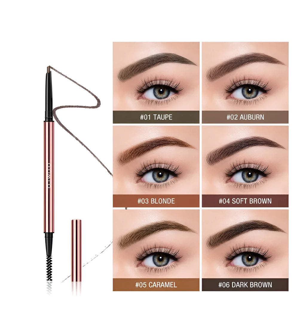 Slim square eyebrow makeup pencil in a colour box with six shade options: Auburn, Blonde, Caramel, Dark Brown, Soft Brown, Taupe.