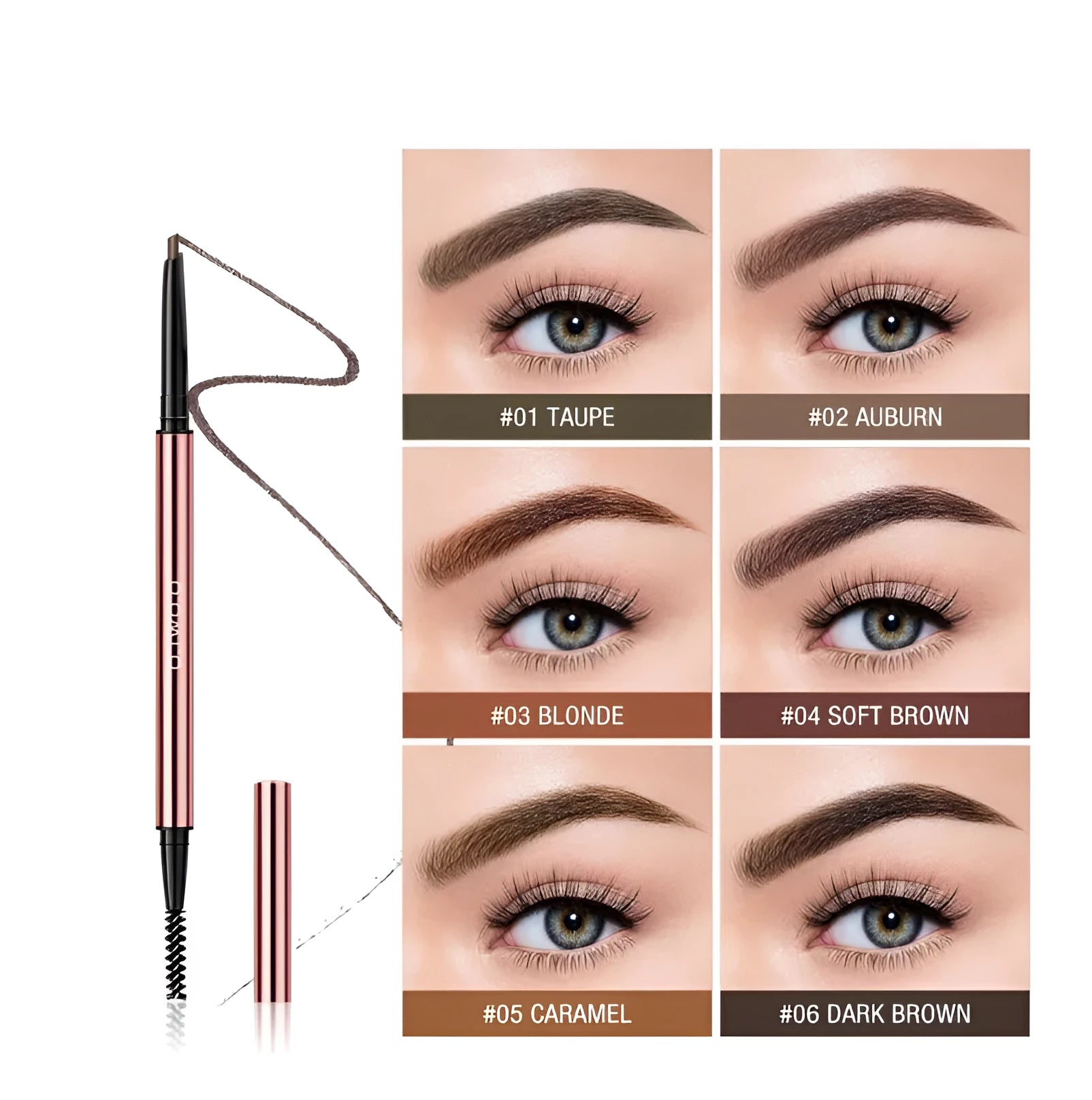 Slim square eyebrow makeup pencil in a colour box with six shade options: Auburn, Blonde, Caramel, Dark Brown, Soft Brown, Taupe.
