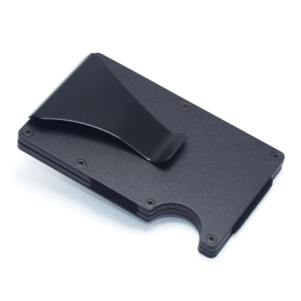 Slim geometry card holder wallet in carbon fibre or aluminium, holds six to fifteen cards, 8mm thick
