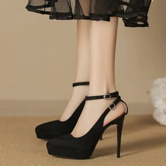 Black waterproof platform stiletto heels with pointed toe, suede or satin finish, 8cm to 12cm heel
