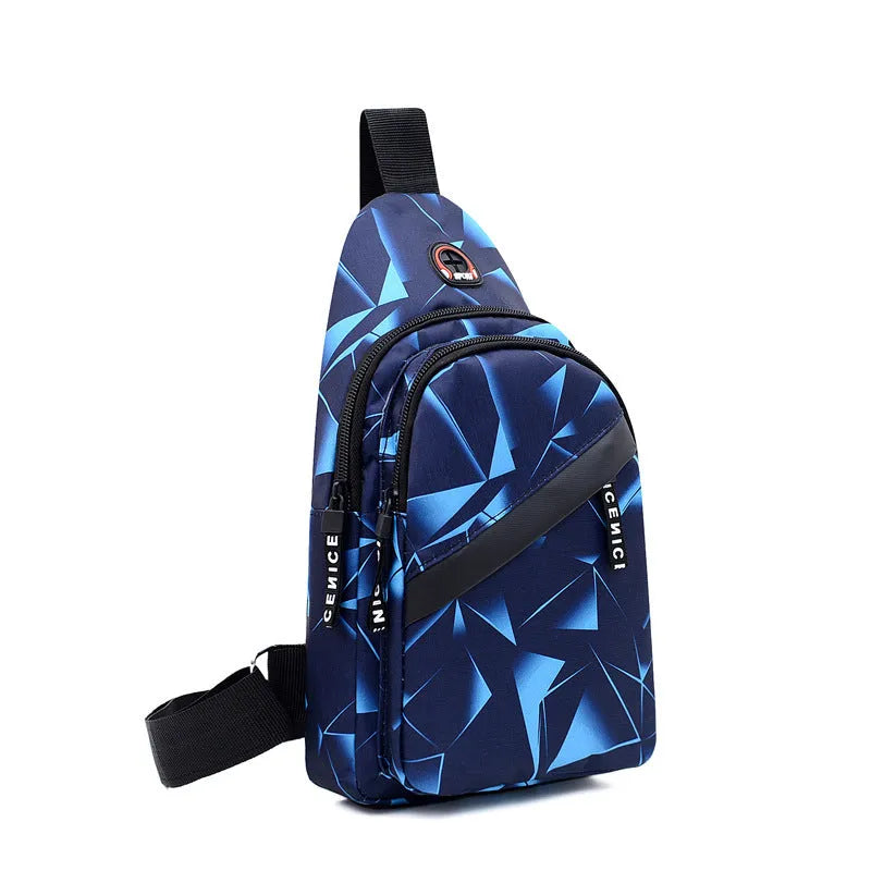 Blue print sling chest crossbody bag for men with an earphone hole and zipper opening.