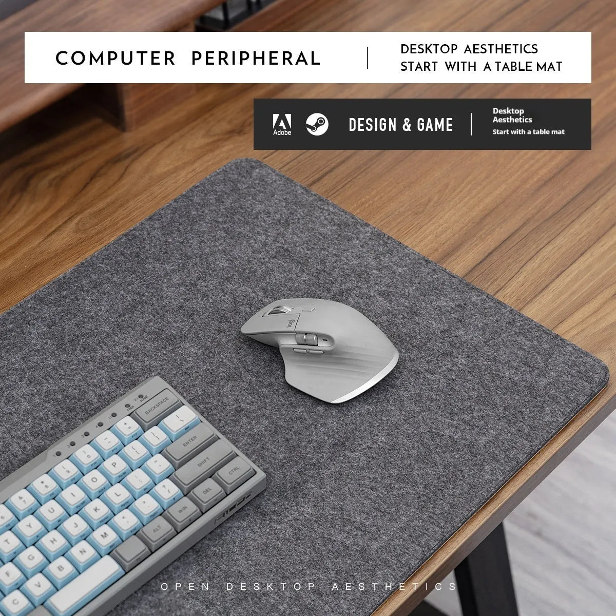 A winter warm felt cork office desk mat in a grey colour pattern, shown on a wooden desk with a mouse.