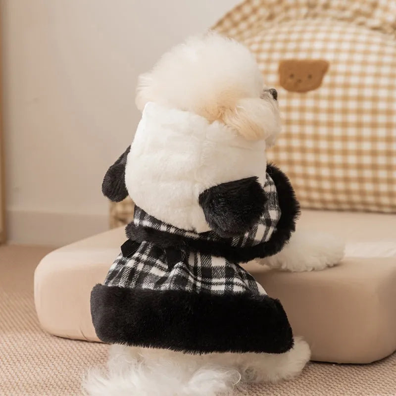 Two-piece pet winter outfit with vintage plaid hooded cape, matching dress, faux rabbit fur trim and velvet bow in Black or Brown