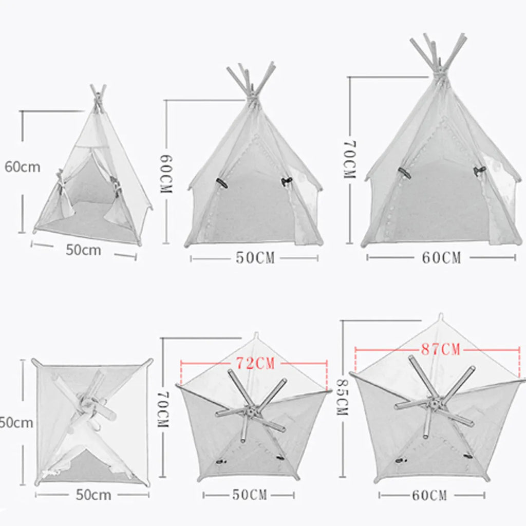 White striped pet teepee tent with cushion for small dog or cat indoors
