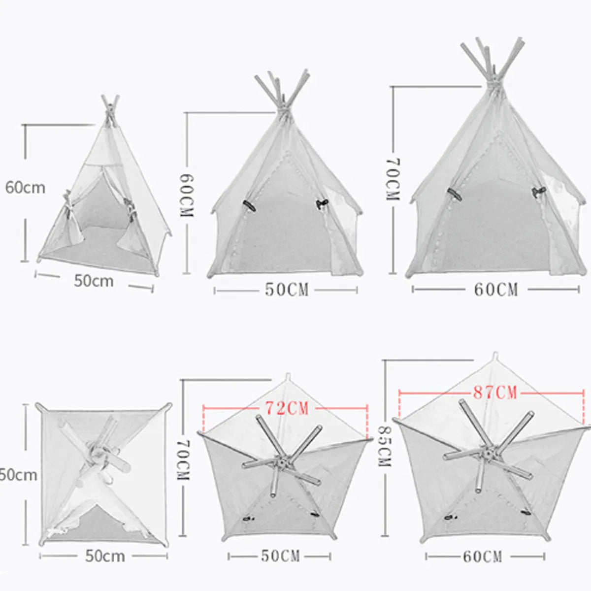 White striped pet teepee tent with cushion for small dog or cat indoors