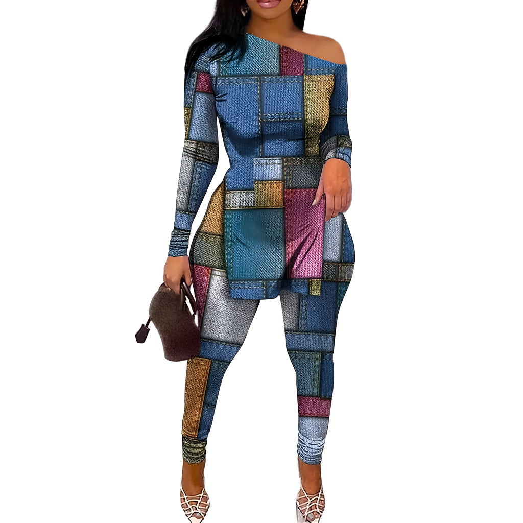 Multicolor patterned diagonal shoulder slit hem trousers suit for women with short sleeves and matching trousers