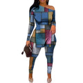 Multicolor patterned diagonal shoulder slit hem trousers suit for women with short sleeves and matching trousers
