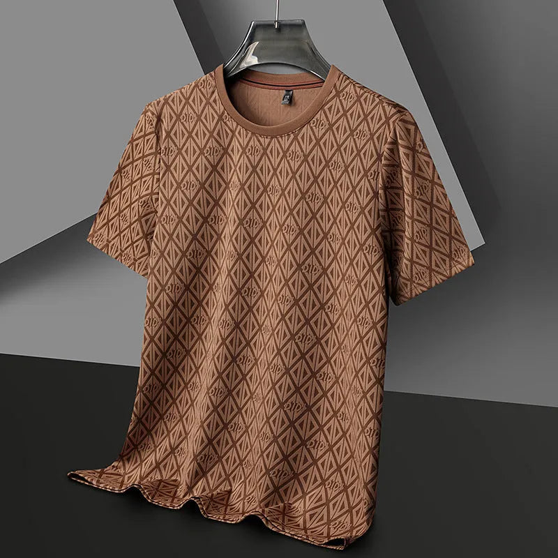 Men's loose fit jacquard short sleeve t-shirt in ice silk fabric, showing round neck and solid colour.