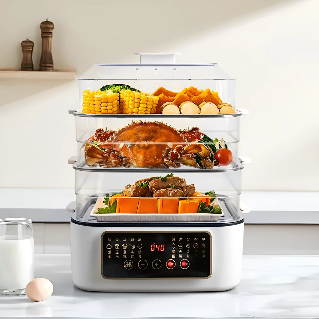 28-litre electric steamer with stainless steel rack and automatic measuring function