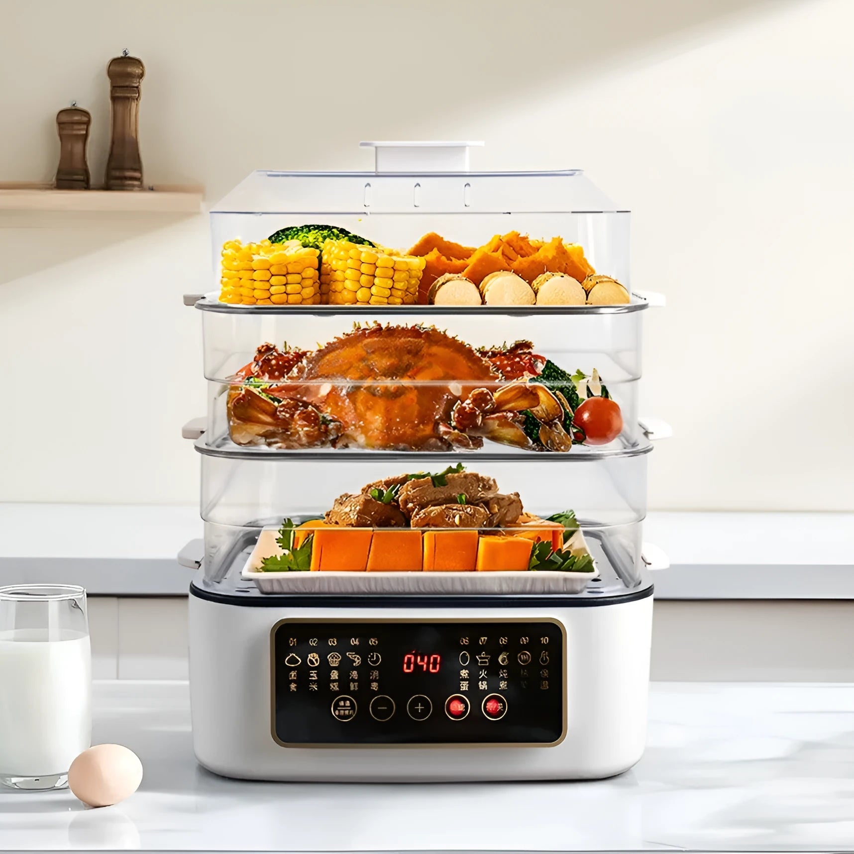 28-litre electric steamer with stainless steel rack and automatic measuring function