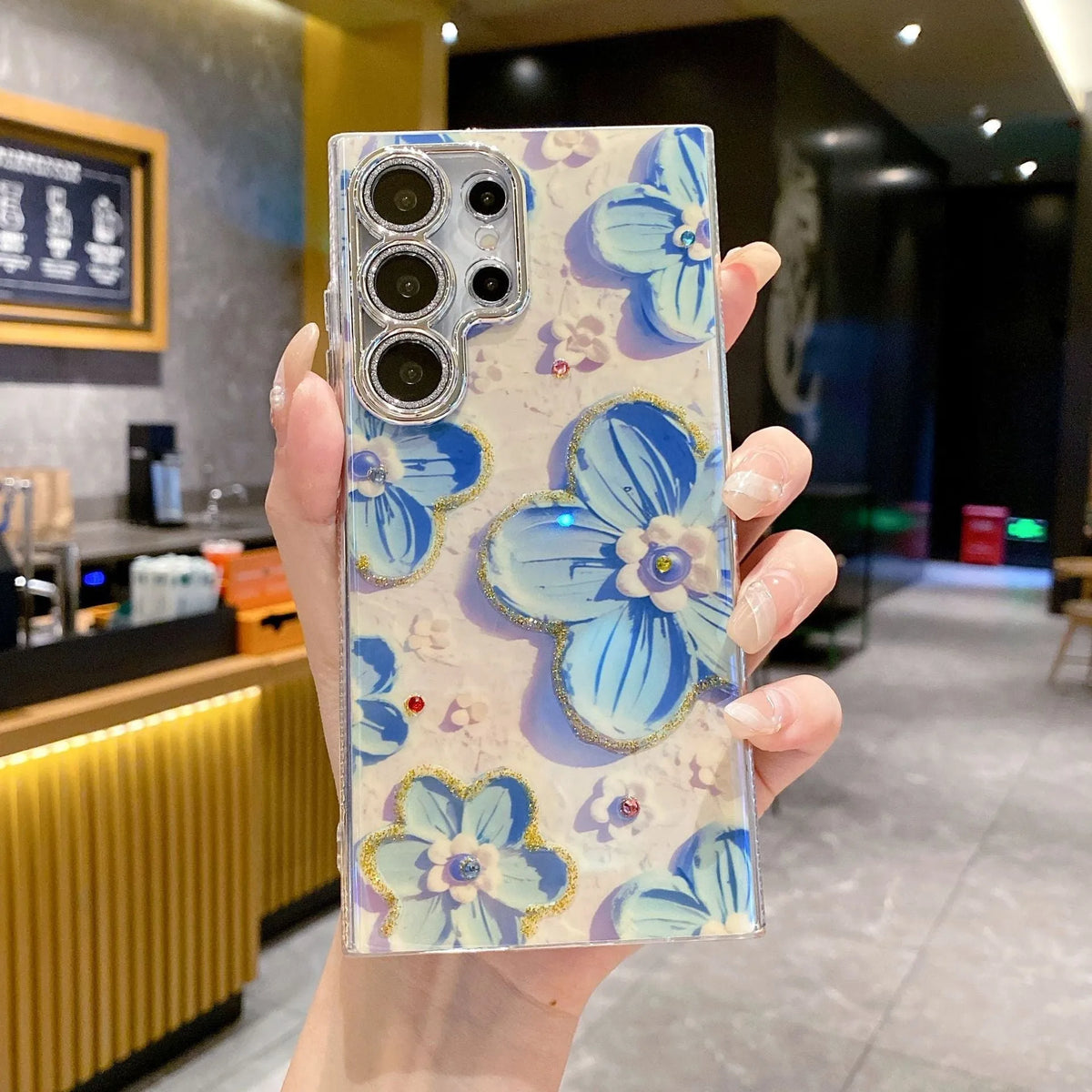 Rhinestone oil painting flower phone case for Samsung, TPU acrylic, electroplated, anti-fall, lens fine hole