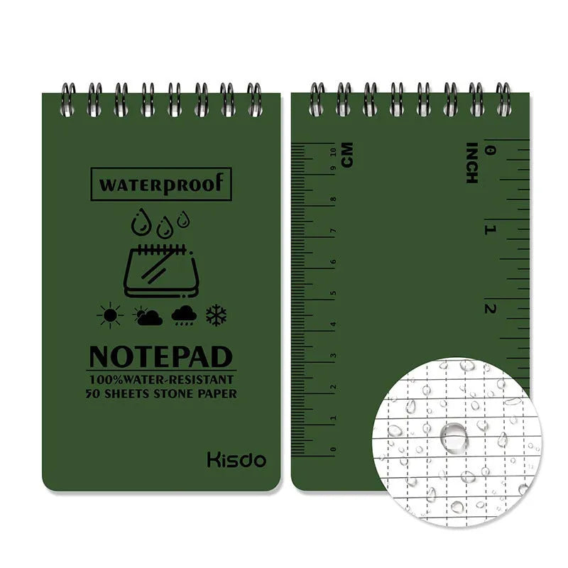 Spiral-bound waterproof office notepad with stone paper pages, shown in camouflage colour option.