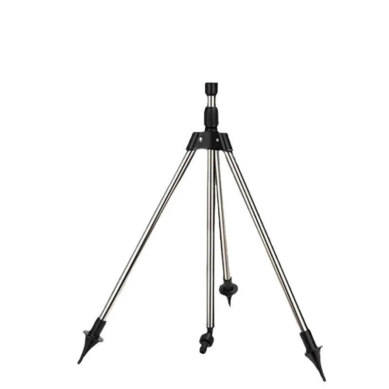 Retractable automatic rotating sprinkler tripod with stainless steel nozzle, 1/2 inch thread, 15°-360° adjustable angle.