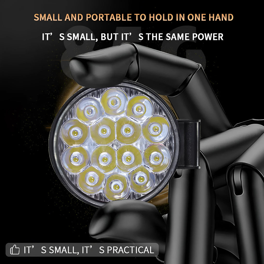 Round mini aluminium LED work light showing white light beam, suitable for vehicle mounting.