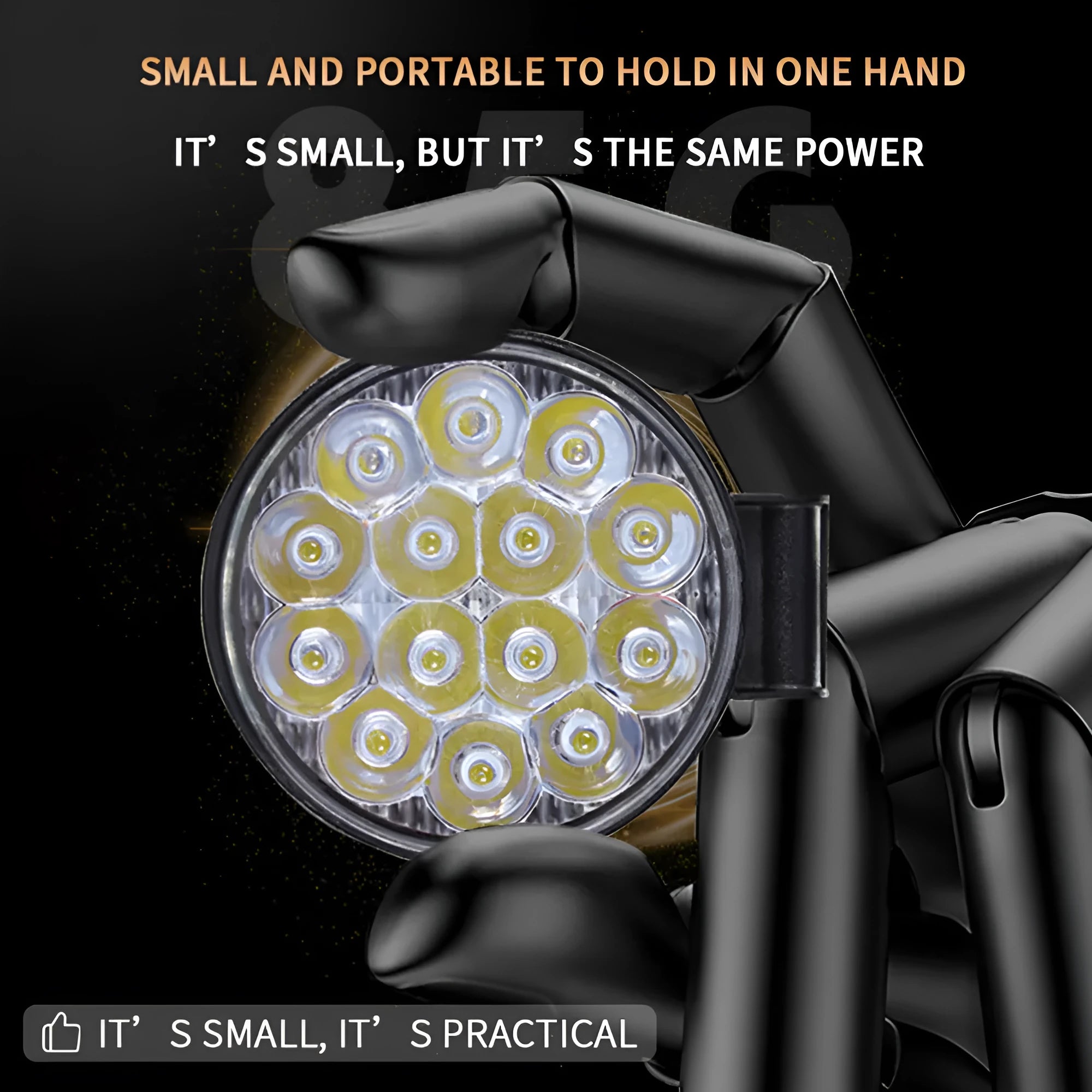 Round mini aluminium LED work light showing white light beam, suitable for vehicle mounting.