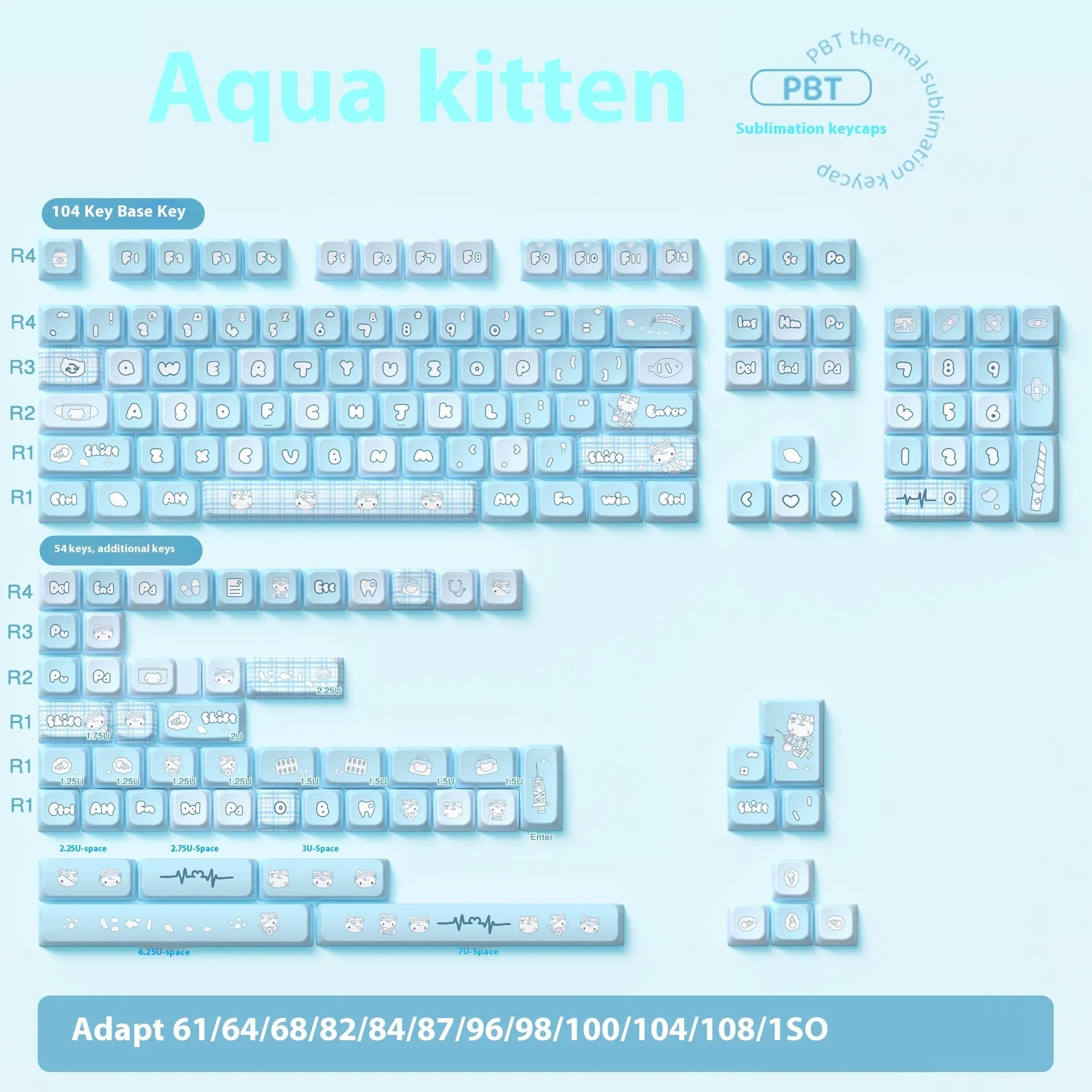 Watercolour kitten design custom keycap set for mechanical keyboards, showing PBT material and sublimation print.