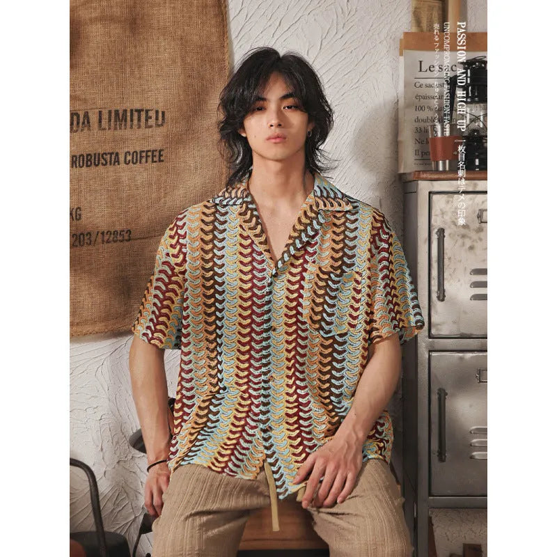 Grey and red Japanese style Cuban collar short sleeve shirt with jacquard pattern, shown in slim fit.