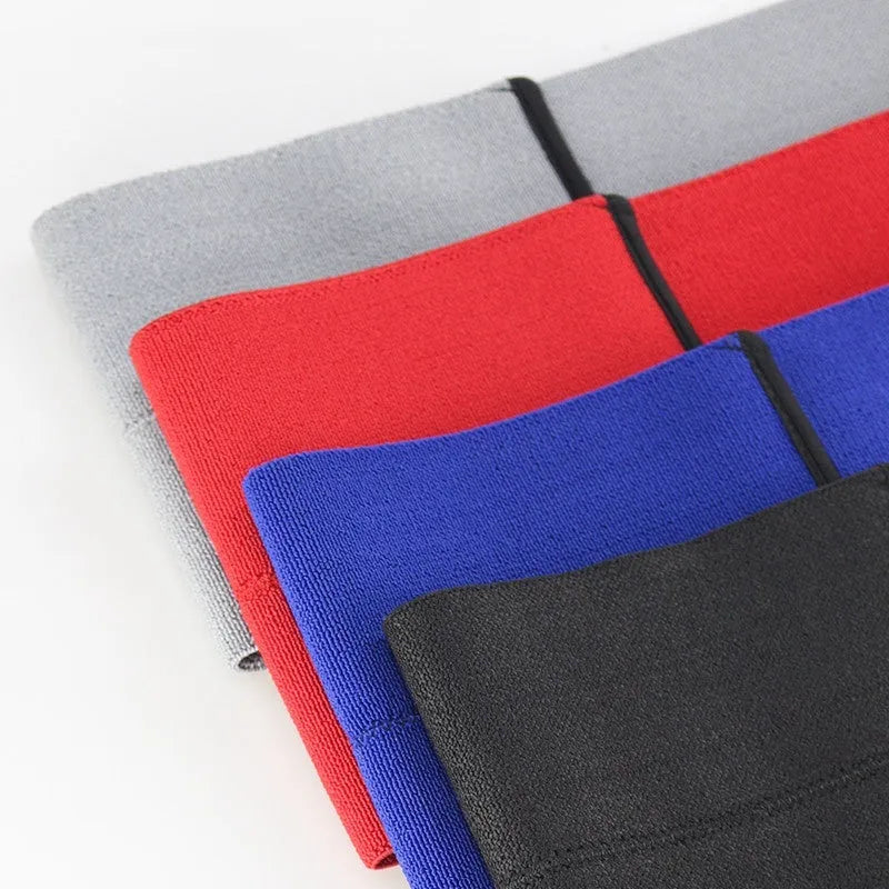 Elastic elbow support bandage for fitness and boxing, shown in red, grey, blue, and black colour options.