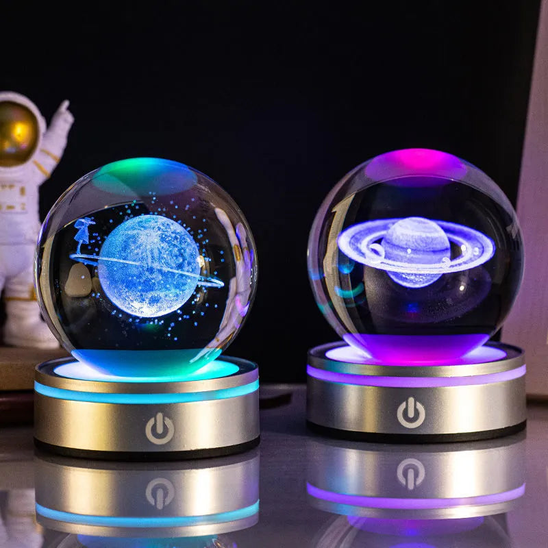 Creative 3D inner carving luminous crystal ball night lamp with colourful gradient, USB plug-in, and round touch base, 8cm diameter, white crystal material, astronaut style.
