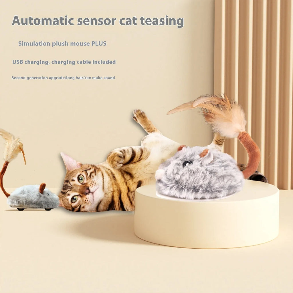 Electric rotating cat toy with plush mouse attachment in pink, purple, or dark grey colours