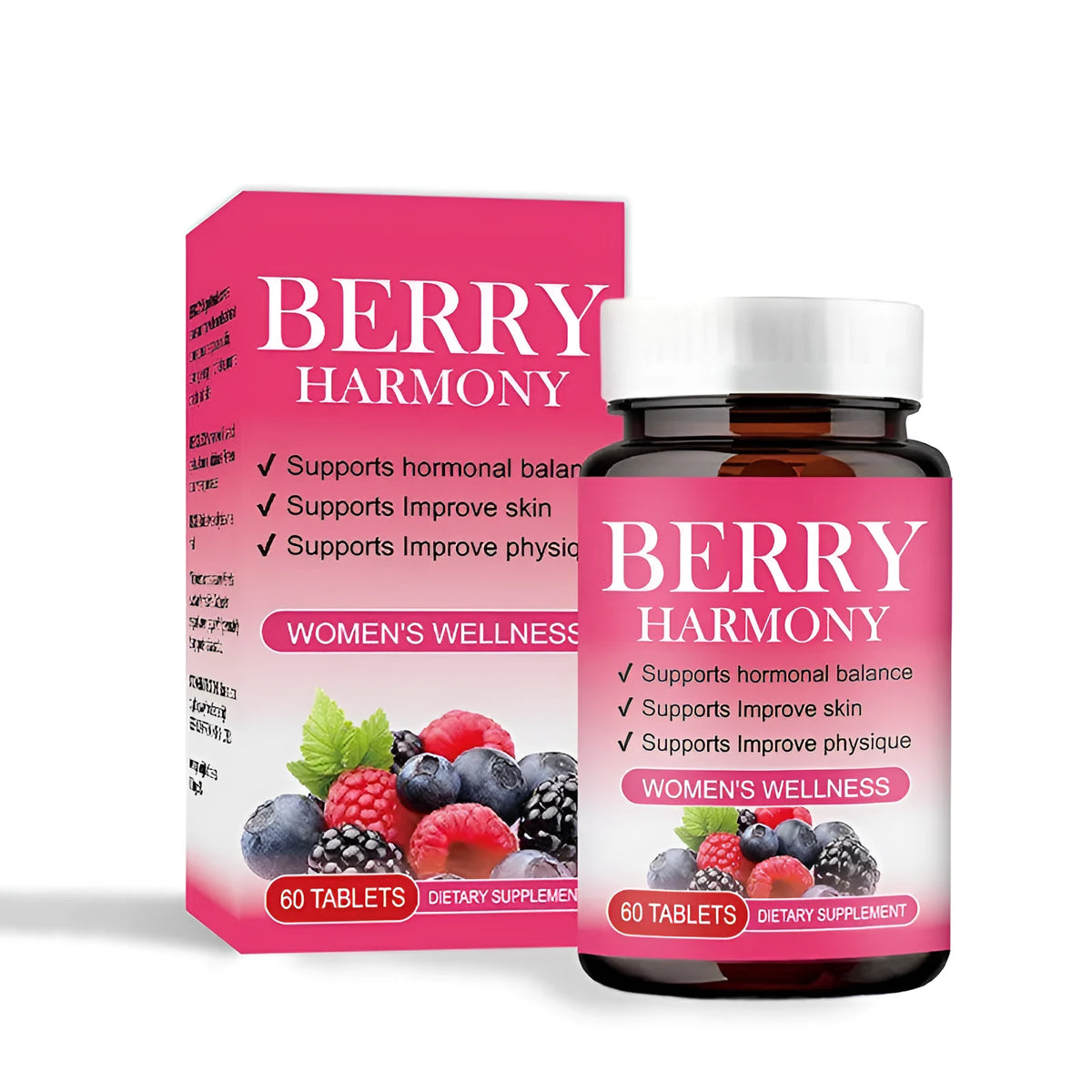 Berry Harmony Tablet bottle with 60 berry-flavoured tablets for hormonal balance, vitamins, calcium, and daily adult support