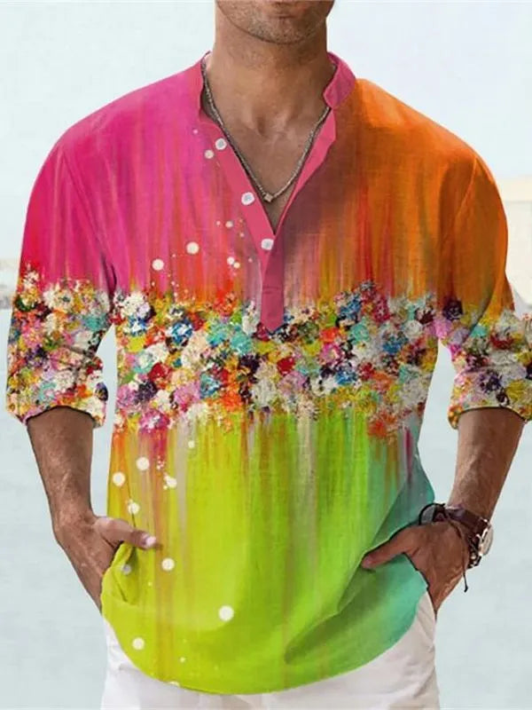 British-style short sleeve pullover shirt with 3D printed stripes on bamboo hemp fabric.