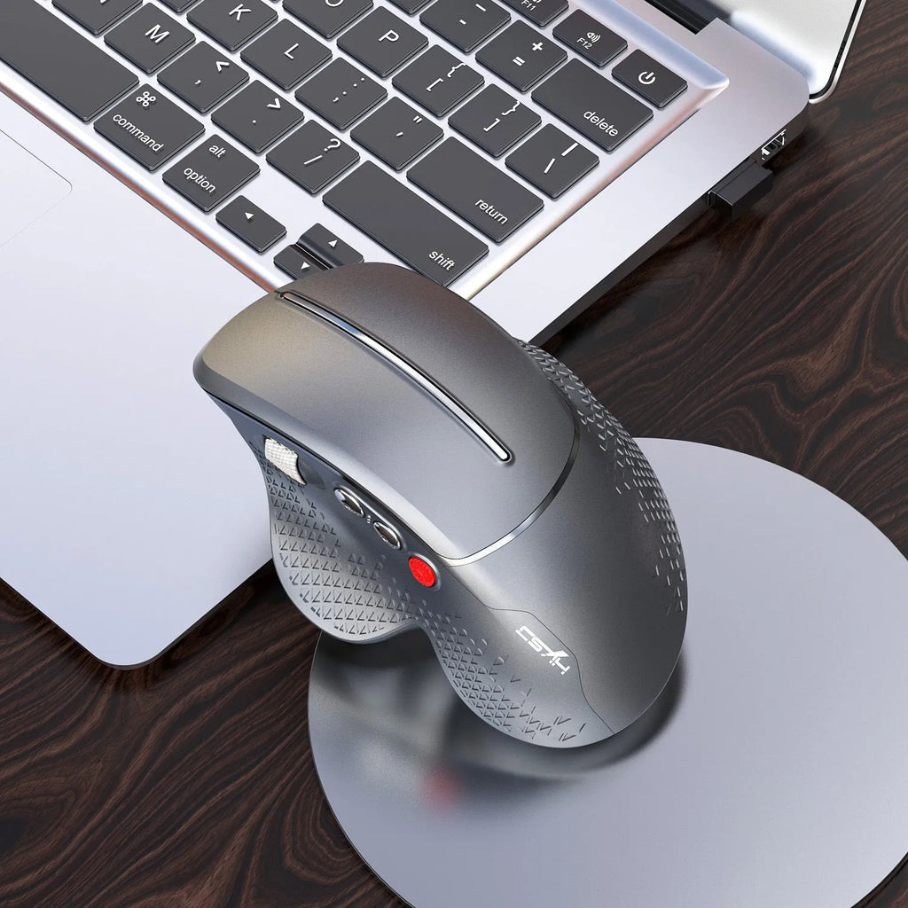 T32 black and silver wireless vertical ergonomic mouse with side aluminium roller.