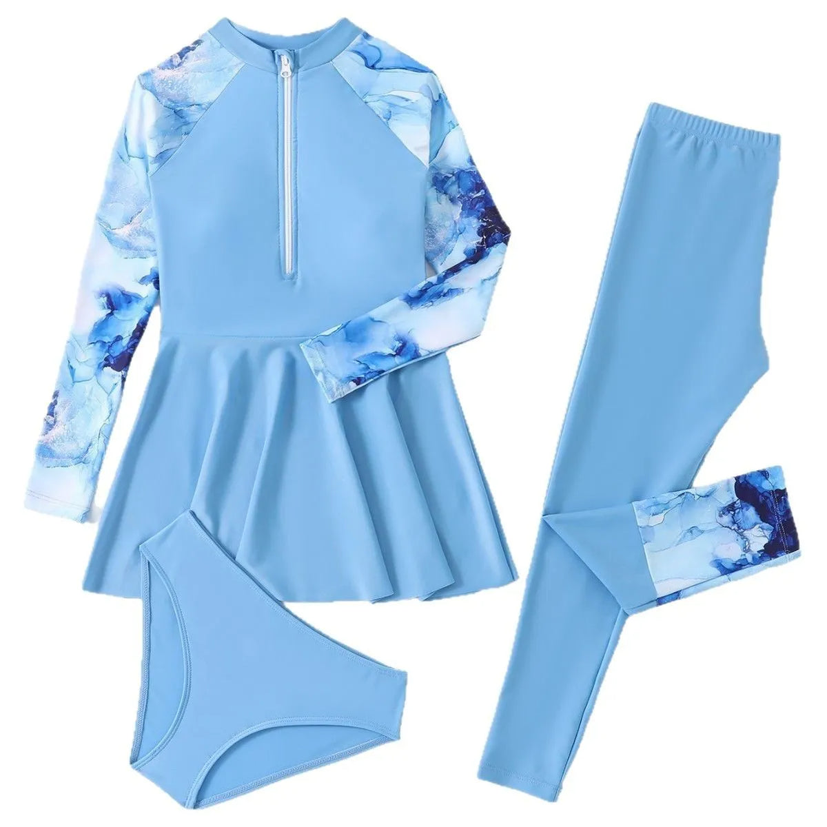 Children's blue split long-sleeve long-trouser three-piece swimsuit on a white background, sizes 120-160
