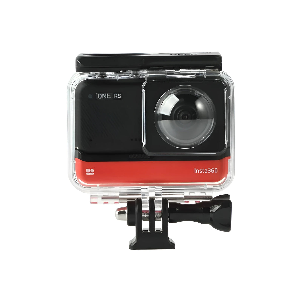Transparent waterproof case for Insta360 One RS panoramic camera showing dimensions