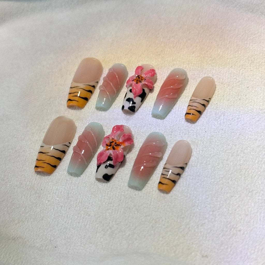 Zebra pattern lily hand carving nail art with embossed flower and leopard print designs