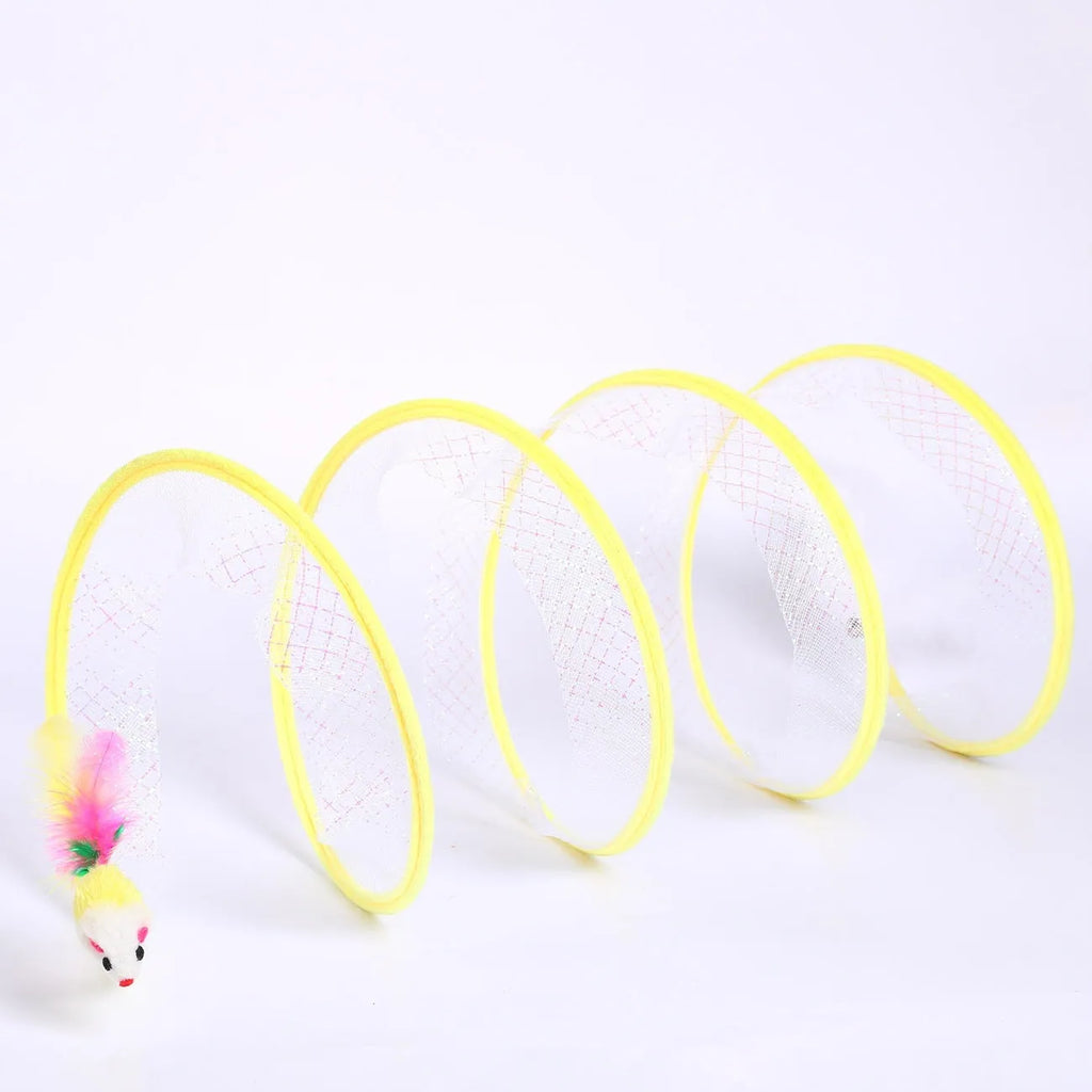 Bendable S-type cat tunnel toy with elastic net and feather lures on a flexible steel wire frame.