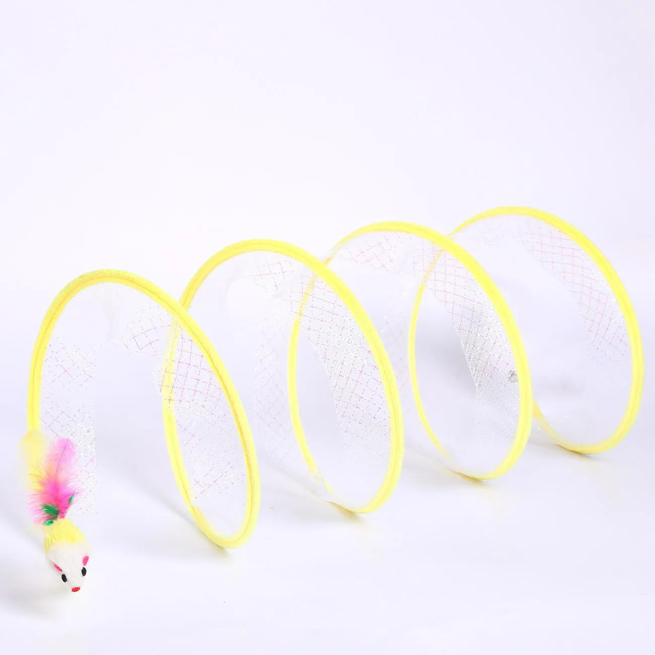 Bendable S-type cat tunnel toy with elastic net and feather lures on a flexible steel wire frame.