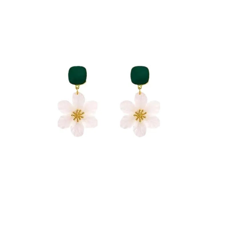 Dark green alloy earrings with sweet flowers needle design for female wearers