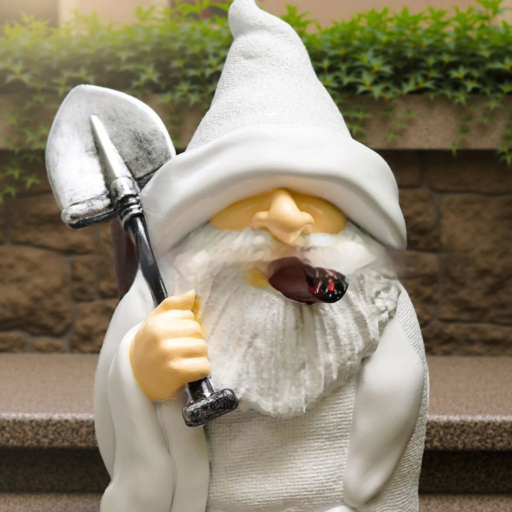 Smoking shovel dwarf Christmas garden ornament made from coloured resin and plastic materials