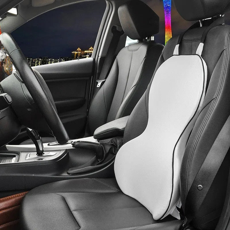Universal memory cotton car lumbar support cushion in solid colour on a car seat.