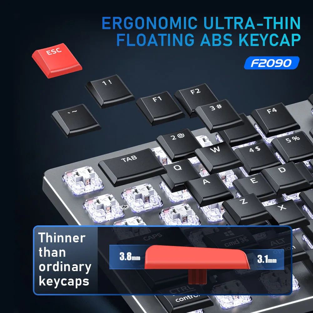 Wireless mechanical keyboard 104 keys low-profile with blue backlight, full layout, and short shaft switches