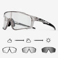Photochromic cycling sunglasses with semi-rimless TR90 frame on a bicycle helmet.
