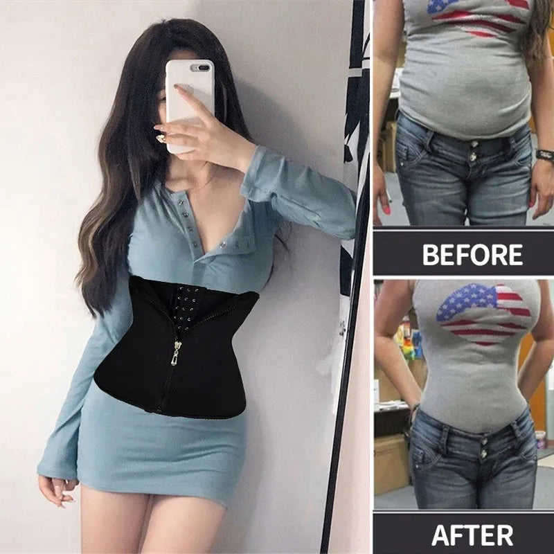 Neoprene body shaping belly band in black for waist training and yoga, with adjustable fit