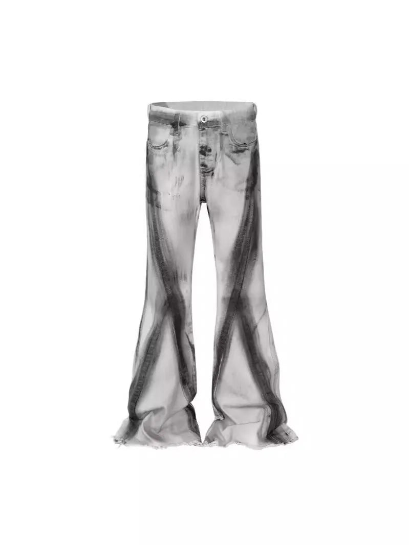 White heavy rough selvedge denim jeans with a black ribbon gradient detail on the leg.
