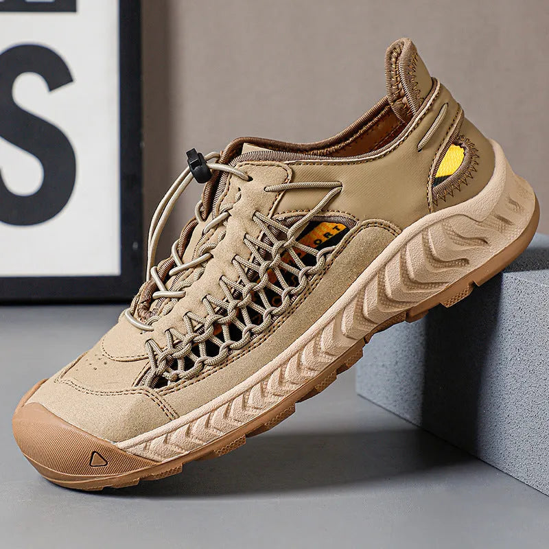 Men's casual sandals with closed toe, hand-woven PU leather upper, and elastic band closure