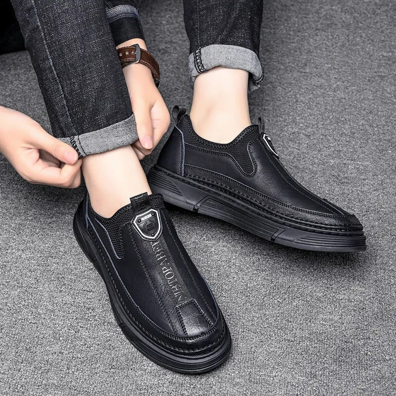 Men's black and brown leather casual shoes with round toe design showing front and side views