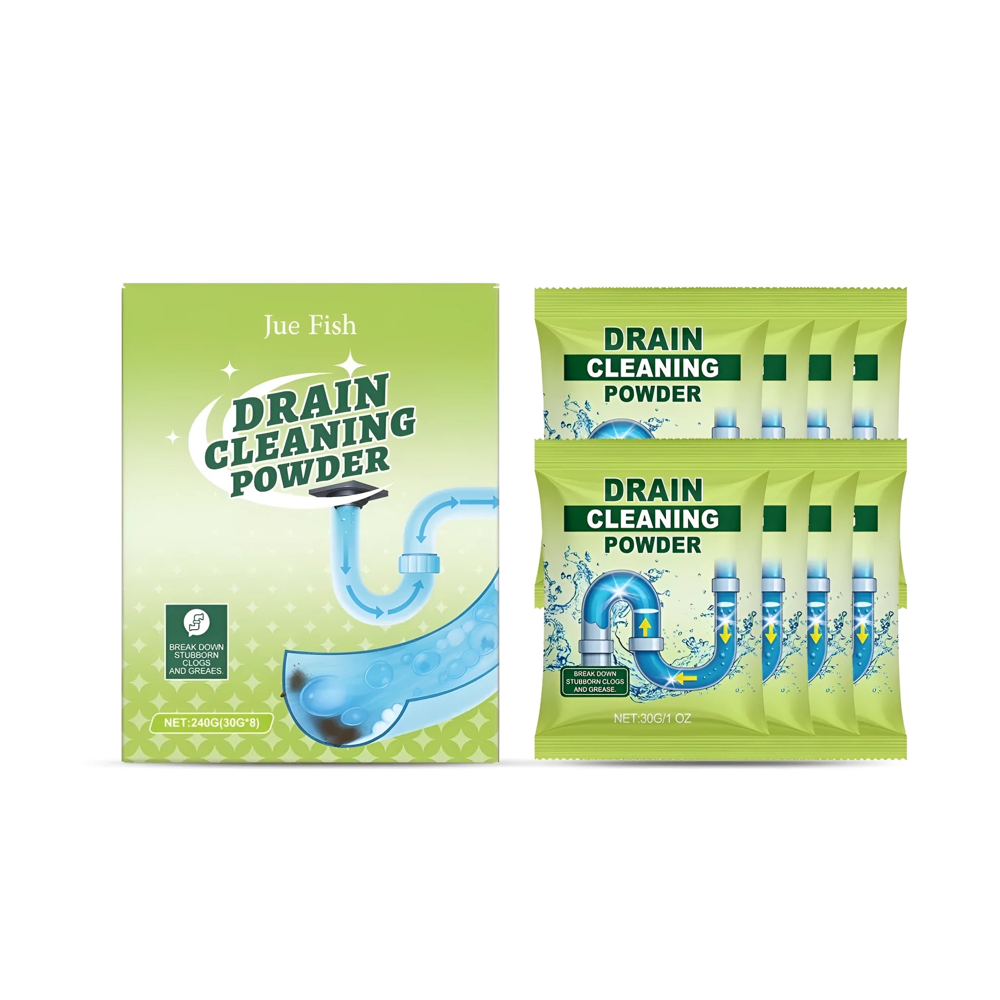 Drain cleaning powder chemical cleaner in box with eight individual 30g sachets, 240g total weight