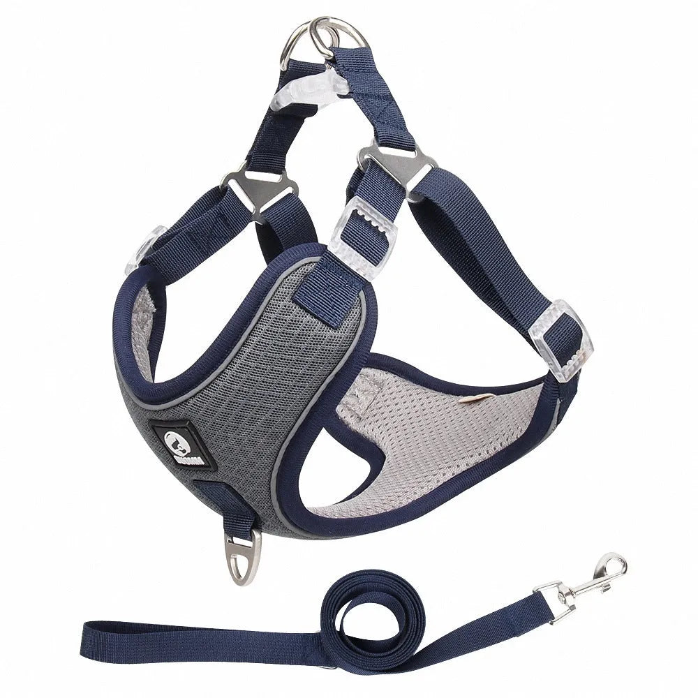 Adjustable breathable mesh dog harness with reflective stitching in multiple colour options