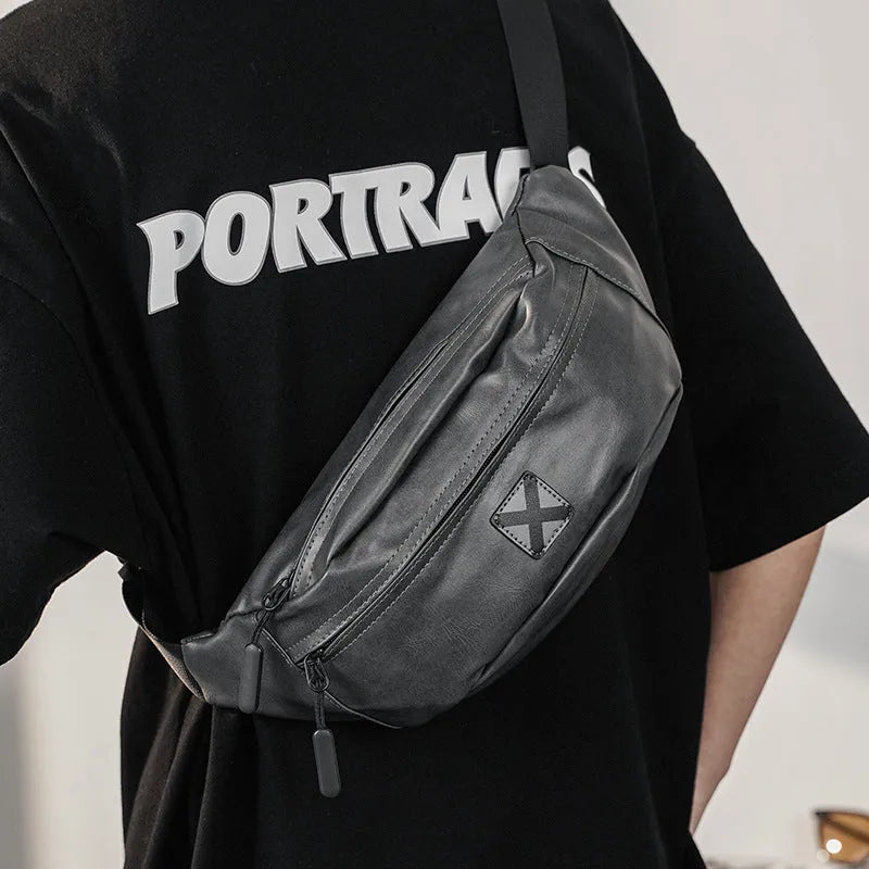 Korean men's trendy fashion shoulder bag in PU leather, available in black colour, with adjustable strap for crossbody wear.