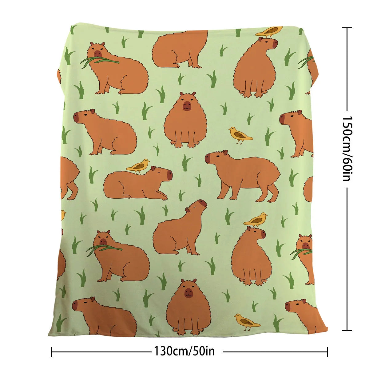 Multicolored flannel blanket with bird and capybara combined pattern on a sofa