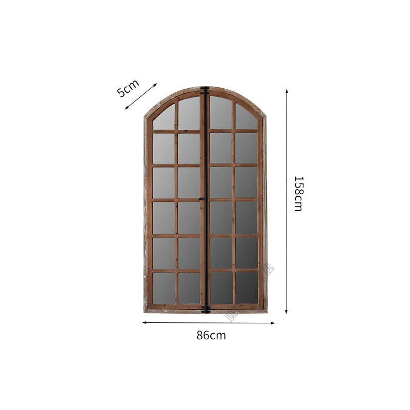 Distressed wooden glass fake window wall mirror in log colour